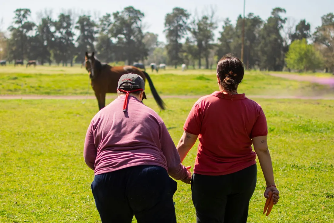 Paciente y profesional caminan de la mano hacia uno de los caballos, en el campo